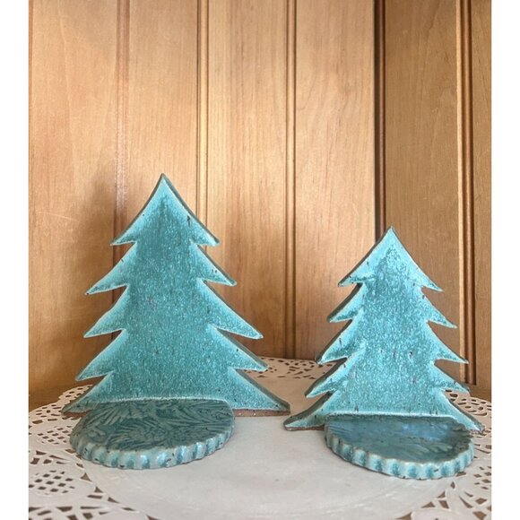 Rustic Studio Pottery Christmas Tree Holiday Tabletop Decor Set Of 2 Unique - Picture 3 of 5